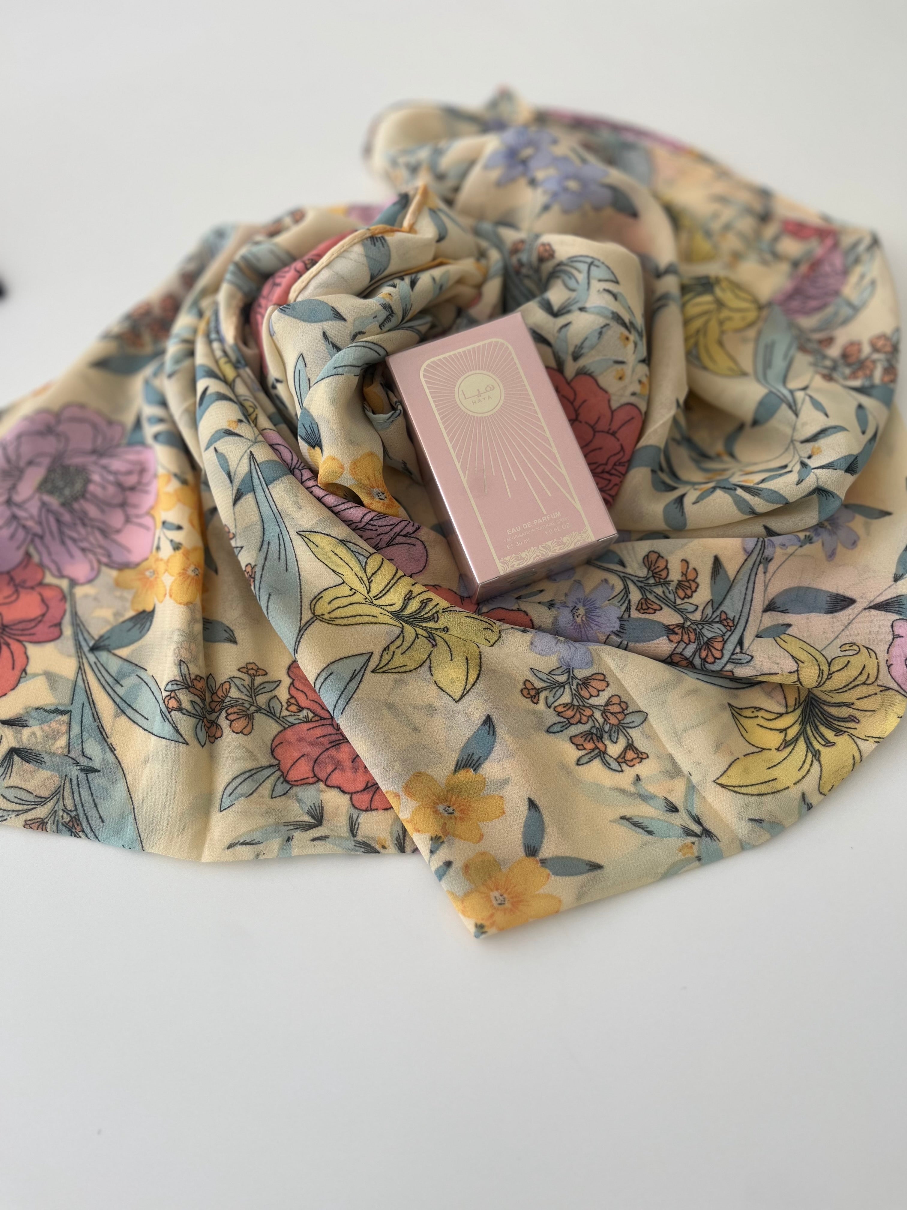 Floral Chiffon and perfume in an organza bag
