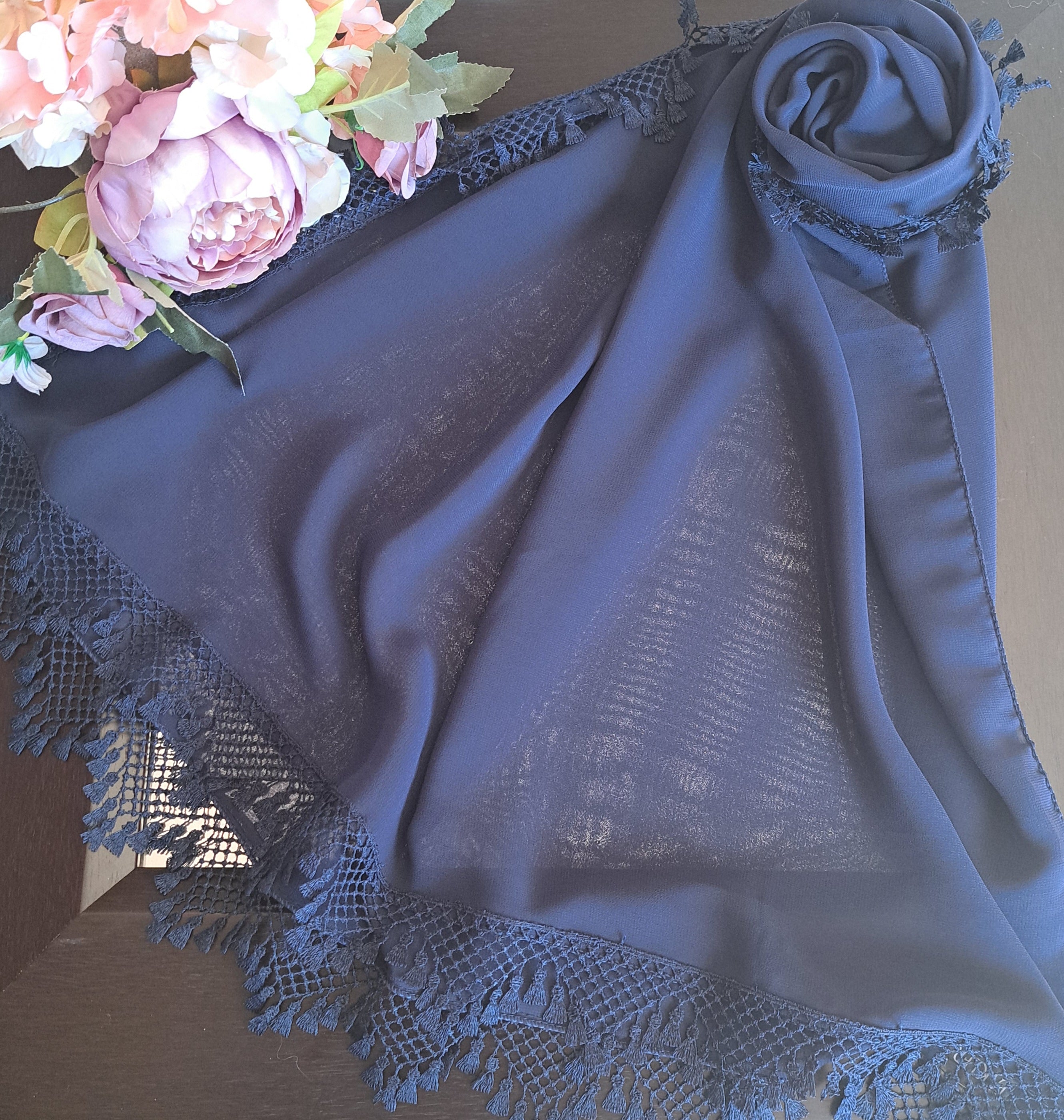 Turkish Chiffon Lace Edging - Navy